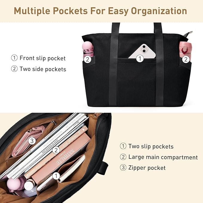 Tote Bag for Women with Zipper, Travel Tote Bags with Compartments Large Shoulder Bag Handbag for Gym Work School