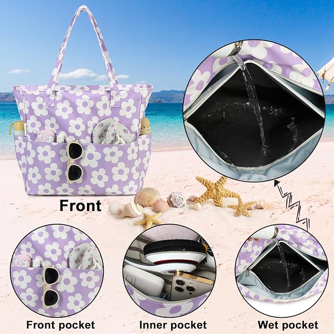Beach Pool Bags Tote for Women Ladies Large Gym Tote Carry On Bag With Wet Compartment for Weekender Travel Waterproof
