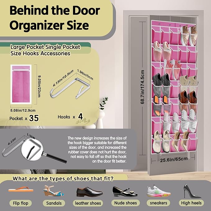 35 Pocket Over the Door Shoe Organizer,Reusable Breathable Large Mesh Bag Men's & Women's Sneaker Organizer,Shoe Organizer for Kids,Hanging Shoe Storage Hanging Bag (Pink)