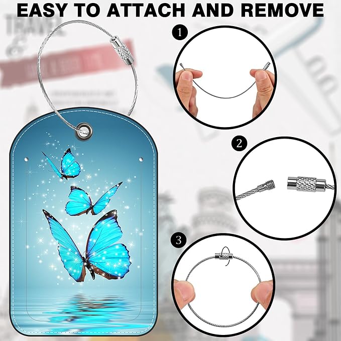 2 Pack PU Luggage Tags for Suitcase, Blue Butterfly On Water Suitcase Tag Leather ID Label Bag Tags with Privacy Cover and Metal Loop for Men Women Travel Bag