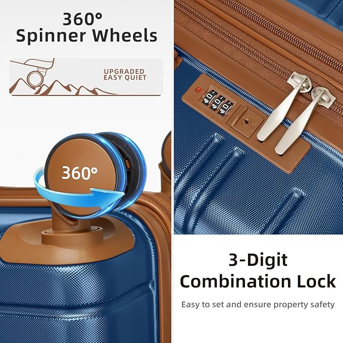 LARVENDER Luggage Sets 5 Piece Hardside Expandable Suitcase with Wheels Lock,Hardside Lightweight Rolling Suitcase for Women and Men,Navy Blue