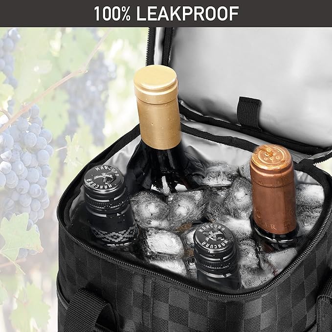 Opux 4 Bottle Insulated Wine Cooler Bag - Leakproof Padded Portable Wine Bottle Carrier for Travel Picnic, BYOB Gift (Black Square)