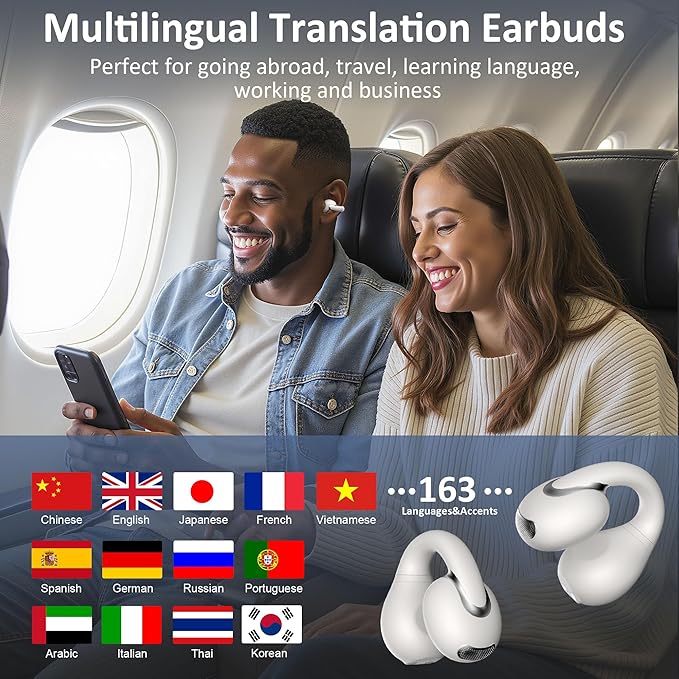 Language Translation Earbuds Real Time, IAMJOY Language Translator Earbuds Open Ear Clip-On Earbuds, Audifonos Traductores Inglés Español Language Translator Device with APP for Travel Study, White