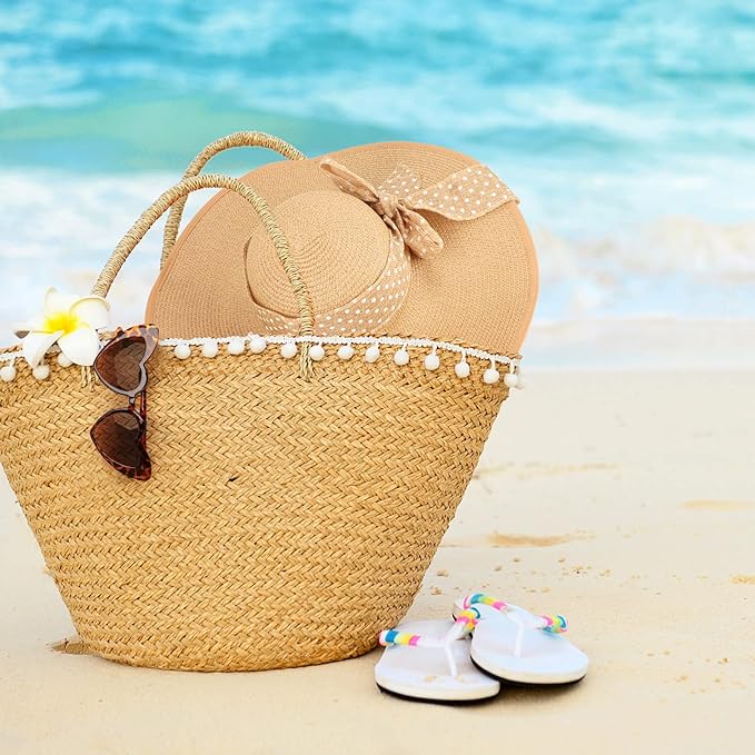 DRESHOW Beach Hats for Women Big Straw Wide Brim Summer Hat Floppy Foldable Roll up Cap Sun Hat UPF 50+