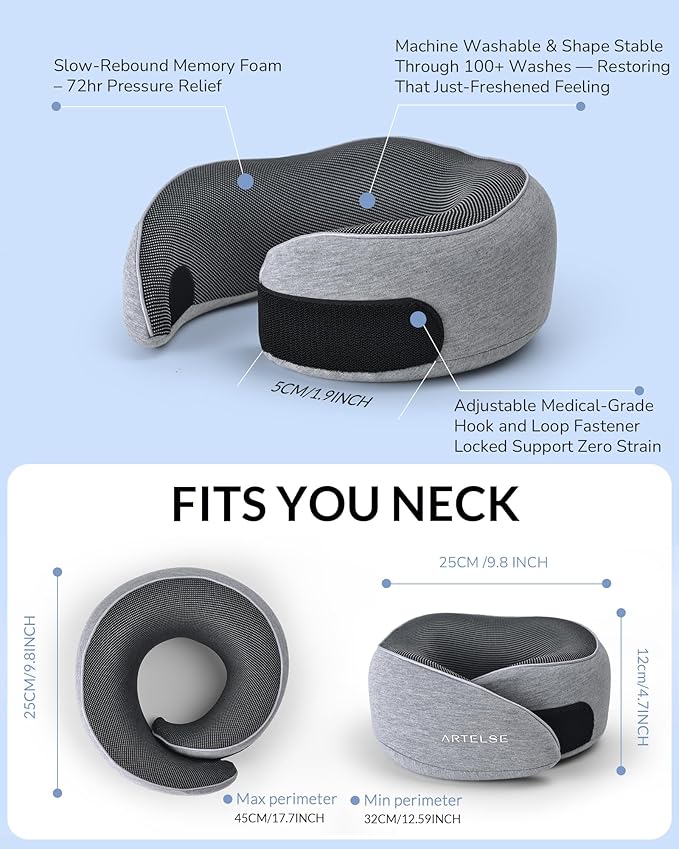 Neck Travel Pillow for Rest - Memory Foam Travel Pillow for Airplane, Comfortable Breathable Cover, 360 Degree Support Ergonomic Design Best for Flight, Train, Sleeping, Travel Essentials