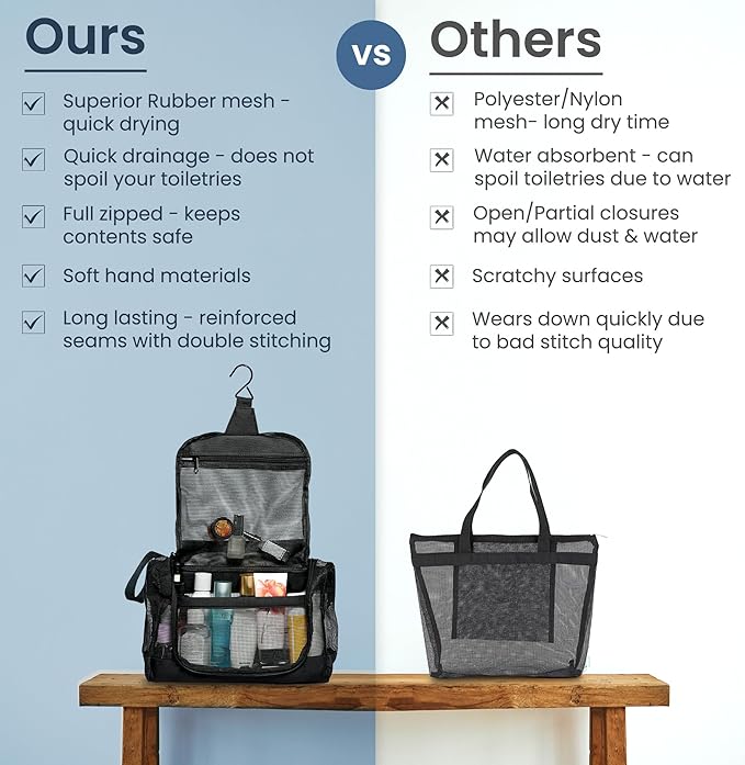 The Fine Living Portable Latex Mesh Shower Caddy Tote Bag, Gym Shower Caddy Hanging Organizer with Metal Hook, Dorm Room Essentials, Travel Toiletries, Camping RV Essentials, Black 12”x3”x8”
