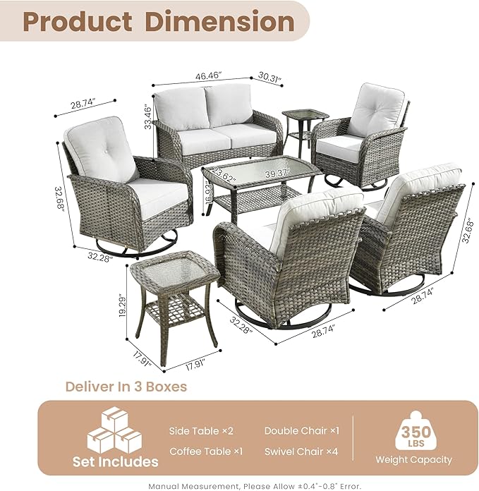 HOOOWOOO Patio Furniture Set,8 Pieces Outdoor Conversation Set,All Weather Wicker Loveseat Sofa Set with High Back Swivel Rocking Chairs Tables,Light Gray