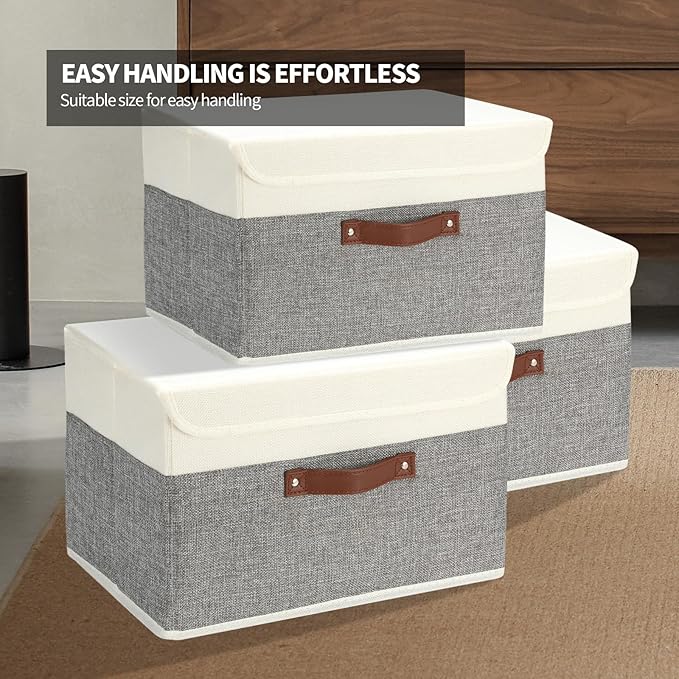 8 Pack Storage Bins Foldable Storage Boxes Fabric Storage Box with Lid & Handle Large Washable Organizer Bulk for Office, Home, Books, Clothes, Bedroom, Closet, (15INx10INx10IN White/Grey)
