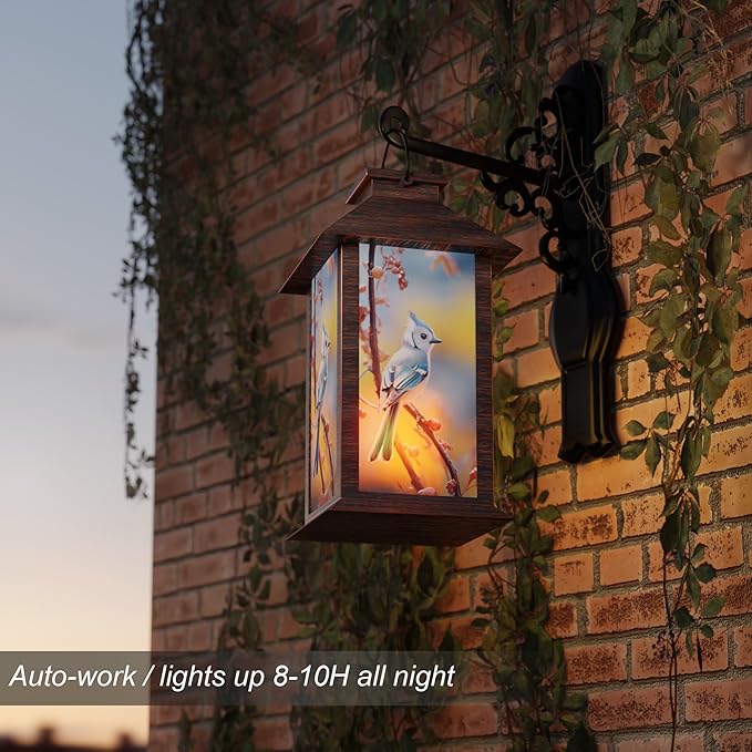 Outdoor Solar Lanterns, Waterproof Blue Jay Hanging Lantern with Flickering LED Candle, 13'' Bird Outdoor Solar Powered Lantern Decor for Porch Patio Garden Balcony Pathway, 1 Pack
