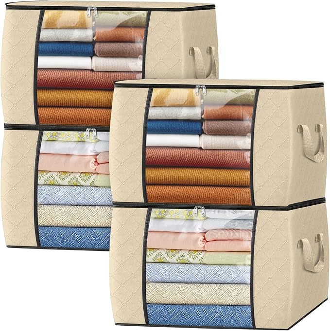 Fab totes 24 Gallons Clothes Storage, Foldable Thick Fabric Blanket Storage Bags, Containers for Organizing Bedroom, Closet, Clothing, Comforter, Organization with Handle (4 Pack,Beige)