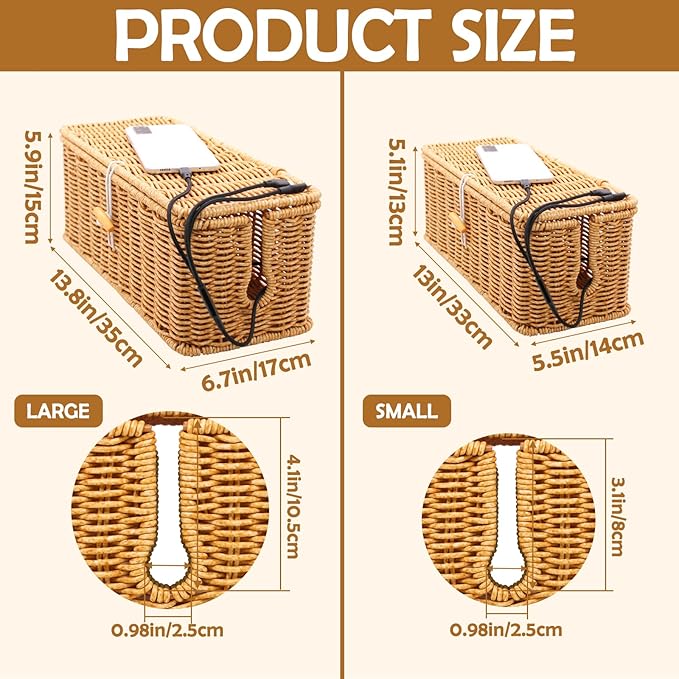 2PCS Cable Management Box, Handmade Rattan Cable Organizer, Open Slots Cords Hider Box, Under Desk Cord Organizer for Computer Router USB Hub & Power Strip