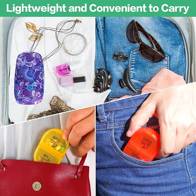 Serfeymi Weekly Travel Pill Organizer 2 Times A Day AM PM Rainbow Pill Box 7 Day with Zipper Canvas Pill Case, Medicine Organizer for Pills, Vitamins, Fish Oils - Green 01+ Purple 01