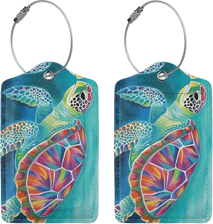 Sea Turtle Leather Luggage Tag with Stainless Steel Ring, Fun Name Id Card Cover Travel Bag Tag Set, Suitable for Travel Bag Luggage Women Men 1 PCS