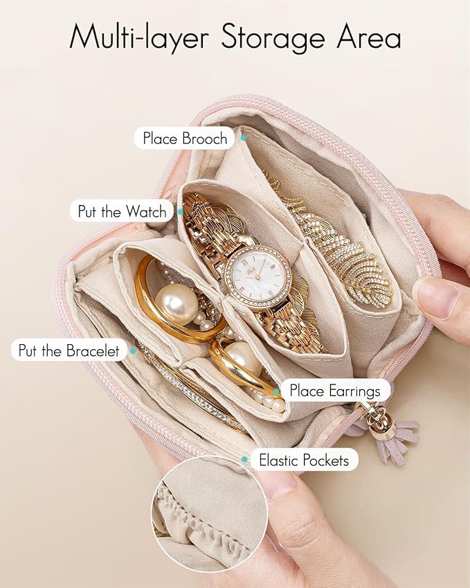 Vlando Small Jewelry Travel Case,Jewelry Pouch Bags with Zipper,Velvet Jewelry Organizer Storage Bag for Bracelet Rings Earring Travel Essentials Gifts for Women Girl-Pink