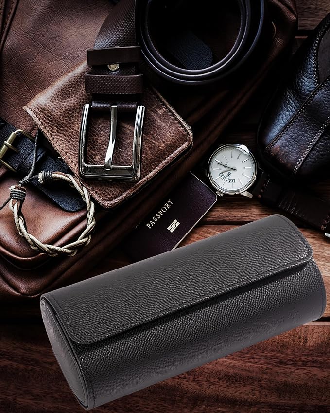MR.OKAY 3 Watch Travel Case- Classic Leather Watch Case With Superb Texture.Portable Watch Roll Or Organizer For Storage And Display. Travel Gift for Men, All Handcrafted By Leather Craftsmen.