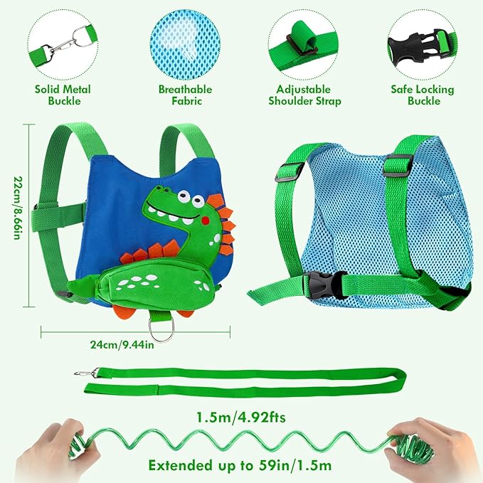 Lehoo Castle Toddler Leash for 1-5 Years, Baby Safety Harness for Boys with Anti-Lost Key Lock & Adjustable Strap, 3-in-1 Wrist Leash and Kids Backpack Harness for Walking Travel (Dinosaur)