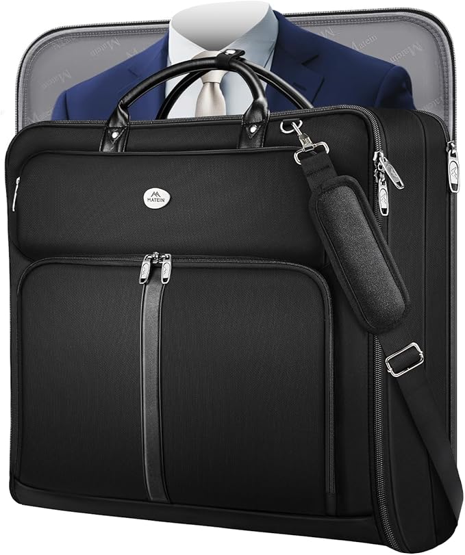 MATEIN Mens Garment Bags for travel, Large Travel Suit Bag Up to 7 Suits with Strap, Wrinkle Free Carry On Garment Bags for Hanging Clothes, Business Suitcase Luggage Bag Fit 17.3 Inch Laptop, Black