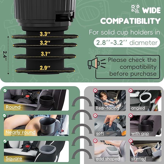 2 Pack Upgraded Car Seat Tray for Kids Car Seat Tray with Expandable Base for Snacks, Toys, Books, Entertainment Kids Travel Essentials Fits 2.8''-3.2'' Cup Holders (2, Standard Base)