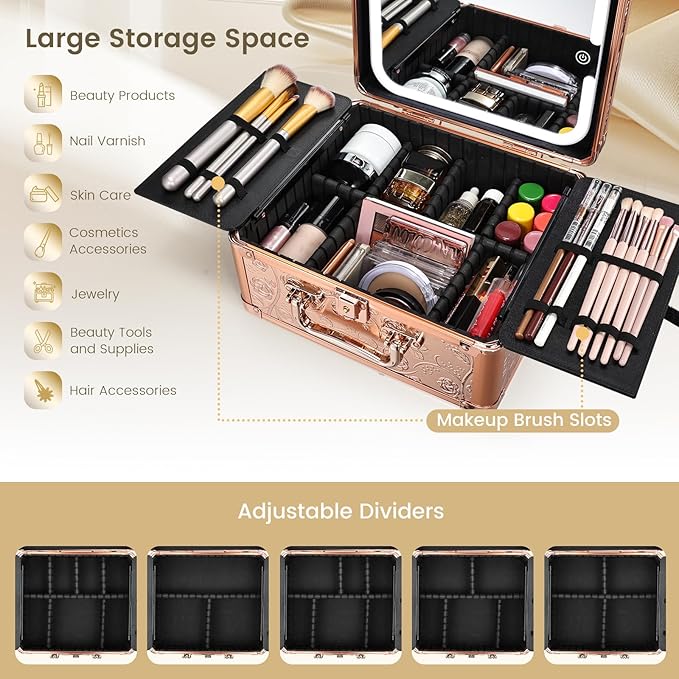 Makeup Case with Magnetic Lighted Mirror Cosmetic Train Box Detachable LED Mirror Adjustable Brightness in 3 Colors Waterproof Storage Organizer Artist Suitcase with Dividers Brush Holder, Rose Gold