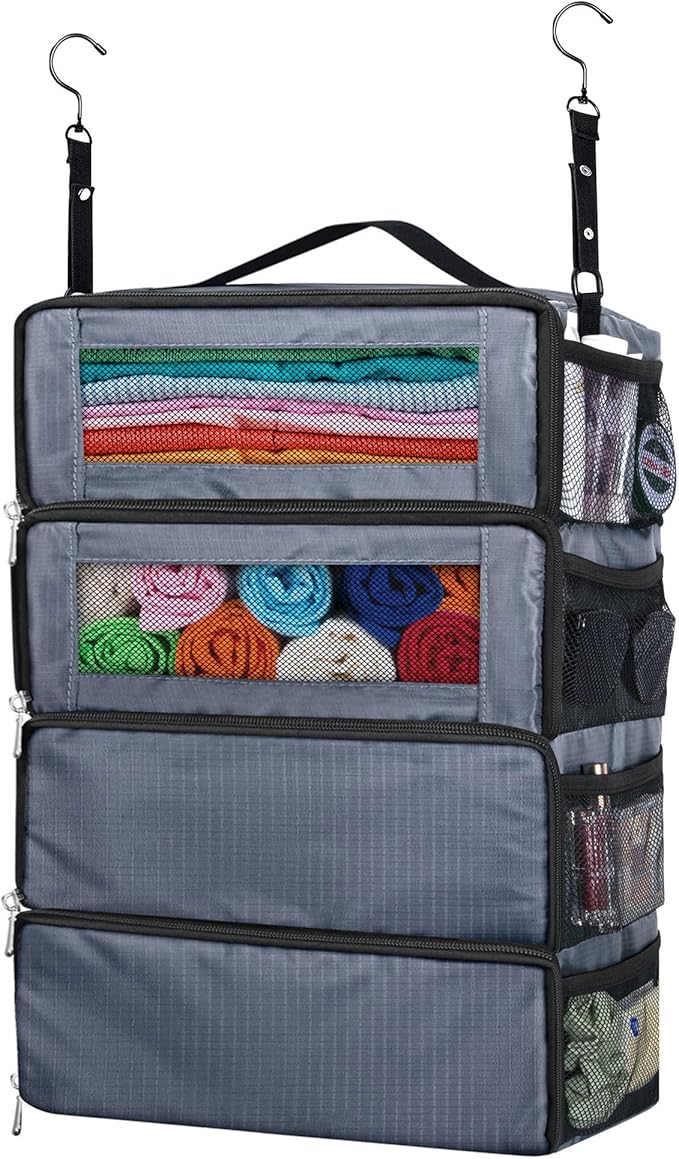 Hanging Travel Organizer, Carry-On Luggage Suitcase Organizer, Portable Travel Shelves Packing Cube for Cruise, Gray