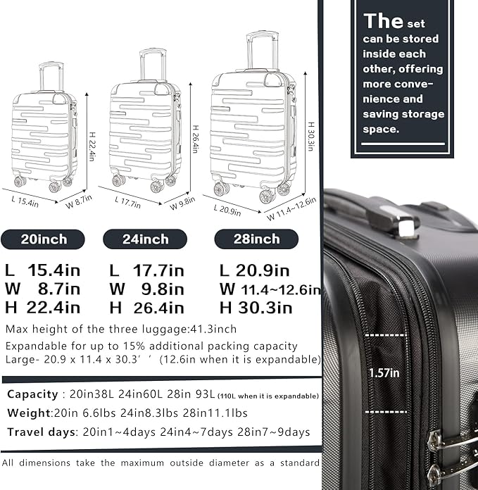 Coolife Luggage Expandable(only 28") Suitcase 3 Piece Set with TSA Lock Spinner 20in24in28in (reg grey)
