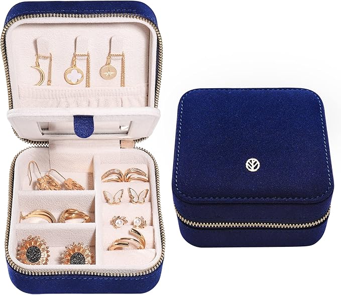 S.Leaf Travel Jewelry Organizer Travel Jewelry Boxes for Women Small Jewelry Travel Case Box Portable Travel Jewelry Case Travel Case Mini Jewelry (06_Suede_Touch_Navy)