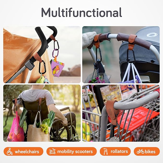 Baby Uma Stroller Hooks for Bags (2 Pack) - Leather-Style Stroller Clips and Hooks, Non-Slip Stroller Accessories, Carry 11 lbs Per Stroller Hook, Universal Baby Essentials & Stroller Accessories