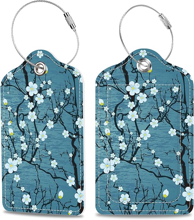 Luggage Tags for Suitcase Japanese Cherry Blossom 2 PCS Leather Travel Cruise Luggage Tag with Stainless Steel Loop Name ID Label Privacy Cover for Women Men Travel Bag Labels Set