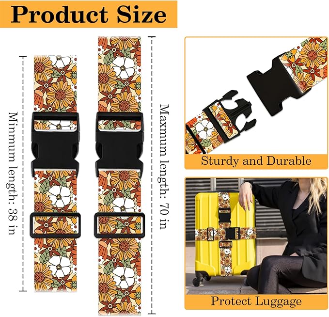 Yellow Daisy Luggage Straps for Suitcases TSA Approved, Luggage Identifiers for Suitcase, Adjustable Suitcase Strap for Baggage Security with Cute Patten, Travel Necessary Accessories (2Pack)