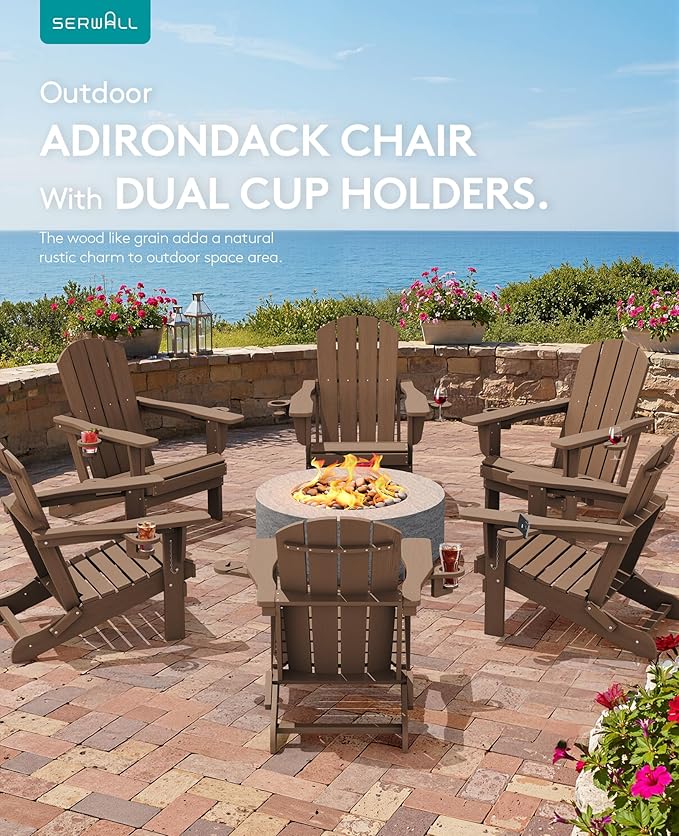 SERWALL Folding Adirondack Chair, Dual Cup Holders & All-Weather HDPE, Wood-Like Patio Chair for Backyard, Camping，Pool & Fire Pit- Brown