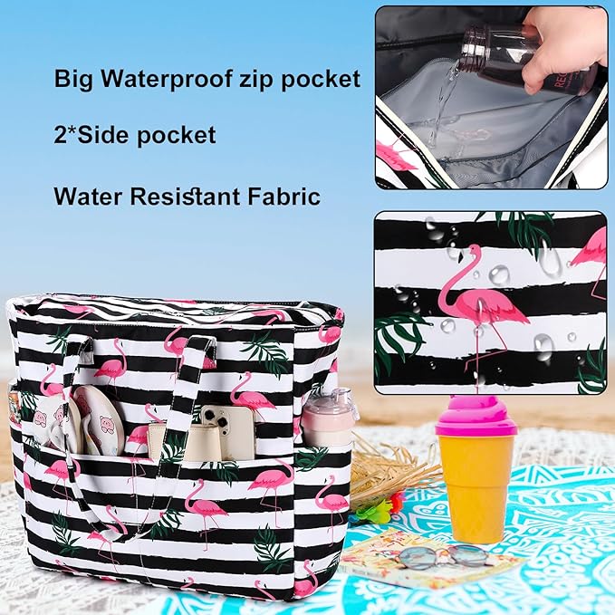 LEDAOU Large Beach Tote Bag Women Waterproof Sandproof Zipper Beach Tote Bag for Pool Gym Grocery Travel with Wet Pocket