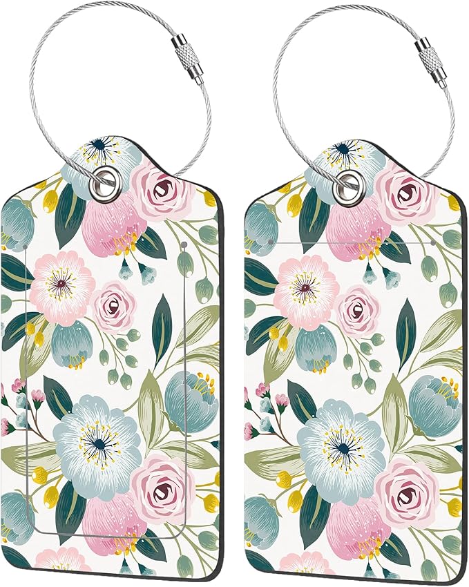 2 Pack Luggage Tag for Suitcase,Lovely Floral PU Leather Suitcase Tags Identifiers with Privacy Name Address Labels and Durable Steel Loop for Women Men Travel