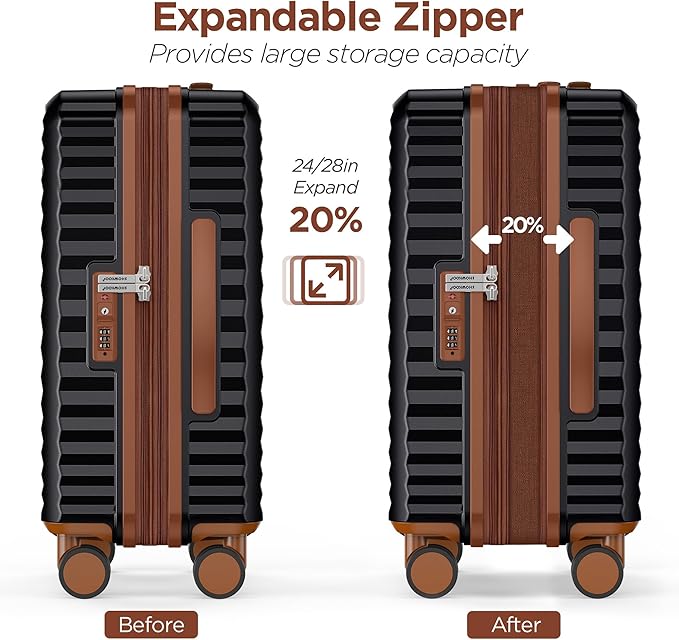 SHOWKOO Suitcase Hardside Expandable Luggage Set, Suitcase with Double Spinner Wheels TSA Lock 3 Piece Luggage Set Black (DB/TB/28in)