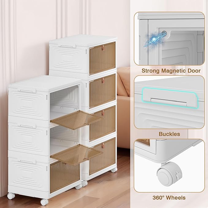 VECELO 3 Tier Stackable Storage Boxes with Magnetic Doors & Wheels, Foldable Storage Containers, 23 QT Closet Organizers for Living Room, Office, Dorm