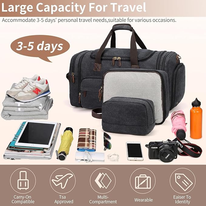 Mens Duffle Bag for Travel 3Pcs Set Travel Bags for Men 60L Expandable Canvas Bag (Dark Gray)