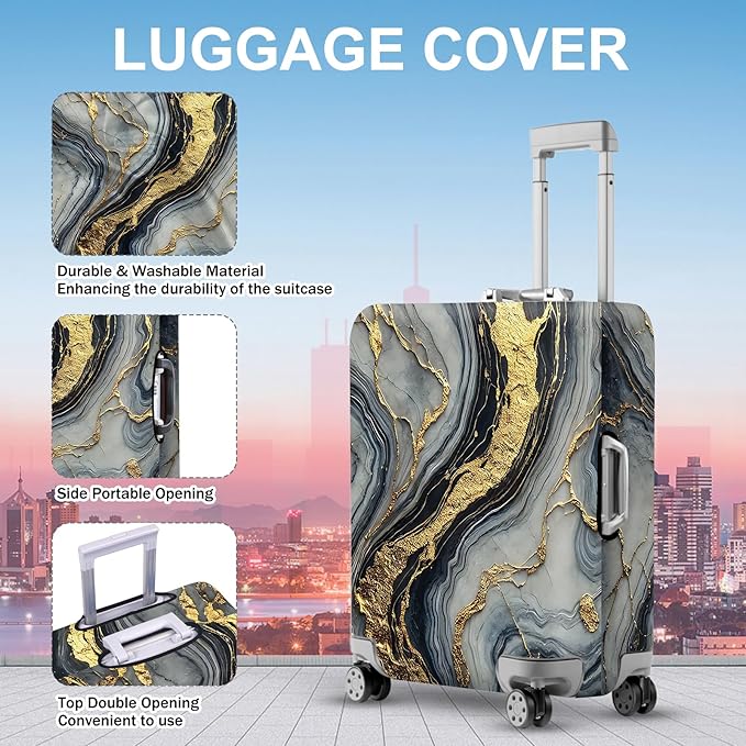 ANNA QUEEN Luxury Marble Gold Luggage Cover, Elegant Black & Grey Suitcase Protector with Faux Gold Vein Design, Stretchable, Washable Spandex Cover for 28-30 Inch Luggage