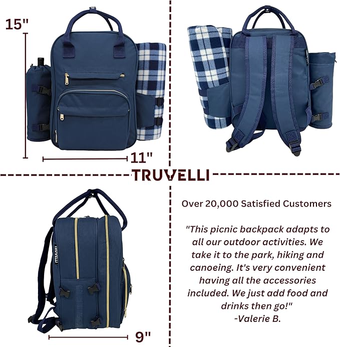Truvelli Picnic Backpack for 2 with Blanket – 12-in-1 Insulated Picnic Basket Backpack Set with‬ Wine Holder, Cutlery & Cheese Board – Luxury Picnic Back Pack for Couples, Outdoor‬ Adventures, Blue