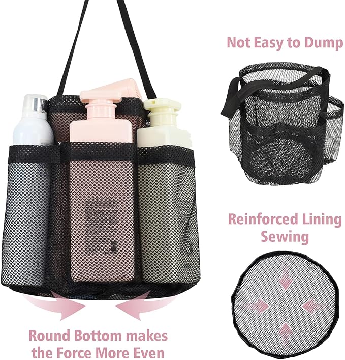 F-color Mesh Shower Caddy Portable, Shower Basket Tote for College Dorm Room Gym Rv Essentials, 8.5" Deeper Pocket Quick Dry Bathroom Caddy Bag with S Hook, 2 Packs Black