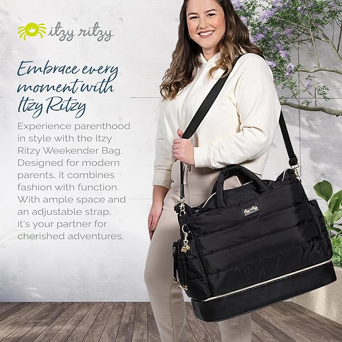 Itzy Ritzy Dream Weekender Travel Bag – Lightweight Overnight Bag with Base Compartment, 12 Pockets, Bottle Holders & Strap