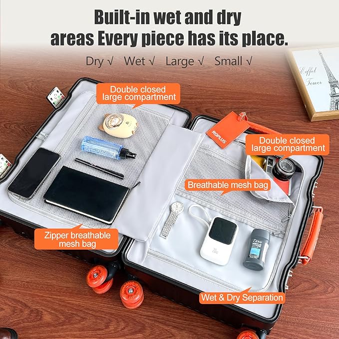 Aluminium Frame Checked-Luggage with Smooth Jelly Wheels, Hardside Zipperless Rolling Suitcase with TSA Lock (BlackOrange, 24-Inch)