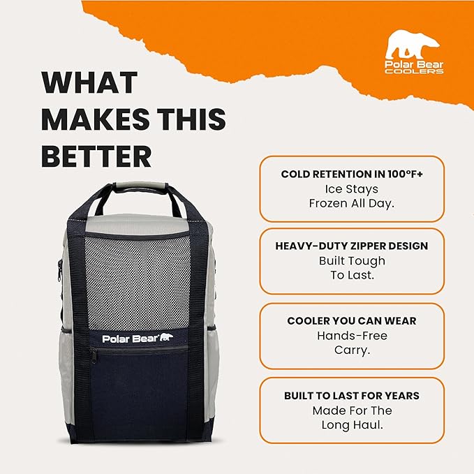 Polar Bear Coolers - Soft-Sided Backpack Cooler - Insulated Backpack for Hiking, Camping, Travel, or Fishing - Heavy-Duty & Portable - Sweat & Leak Proof - Keeps Ice up to 24 hrs