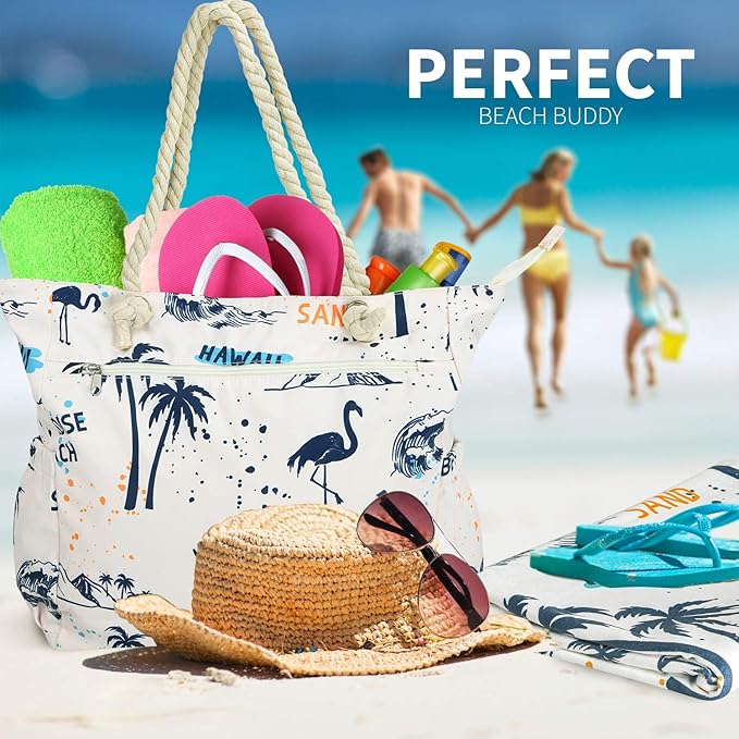 Beach Bag Spacious Shoulder Tote Travel & Gym Bag w/Multiple Pockets & Strong Zipper