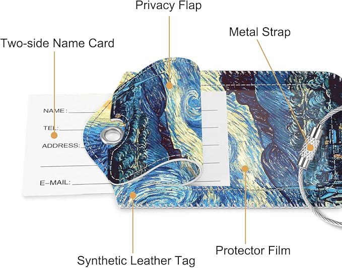 Fintie Luggage Tags, Privacy Cover ID Label with Stainless Steel Loop and Address Card for Travel Bag Suitcase - Starry Night (2 Piece)
