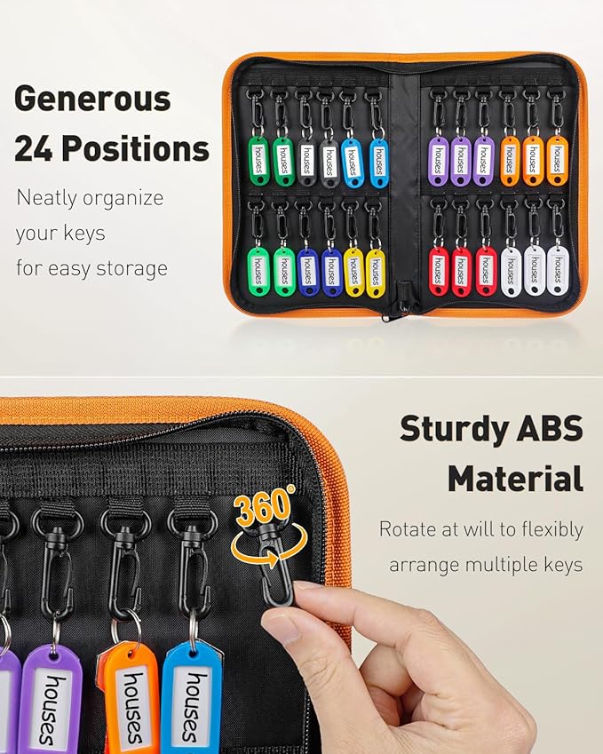 Uniclife Zippered Key Case Organizer Waterproof and Fireproof Orange Key Binder with 24 Hooks and Tags Portable Key Storage Book for Offices Real Estate Agencies Hotels and Rental Management (Orange)