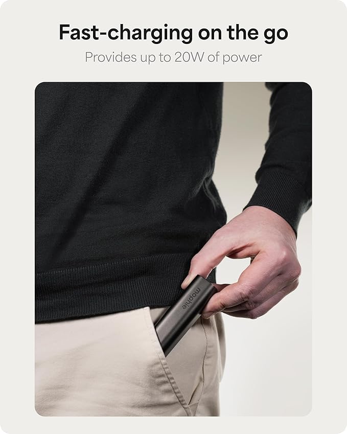 Mophie Powerstation Mini 5,000mAh Portable Power Bank (Gen 3) – Ultra-Fast USB-C PD, 20W Output, Up to One Full Phone Charge, Pocket-Sized, LED Indicator, Includes USB-C Cable, Black