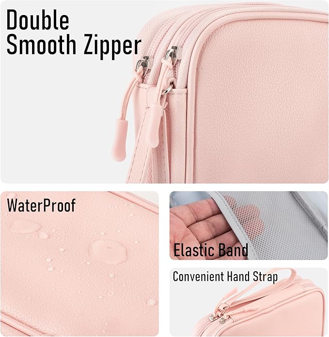 Leather Travel Electronic Organizer - Double Layer, Waterproof Case for Cables, Chargers, Phones & More - Portable, Shockproof Pouch for All Your Electronics Accessories (Light Pink, M)