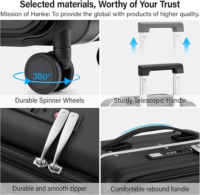 Hanke 24 Inch Luggage with Cup Holder and Charge,Top Opening Hard Shell Suitcases with Wheels and Dividers,Aluminum Frame Trunk Luggage Medium Checked Suitcase with Lock for Travel，Jet Black