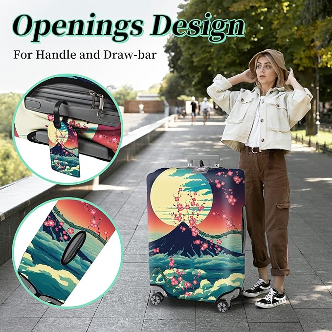 Luggage Cover Suitcase Protector + Luggage Tag, Landscapes Sakura Mount Fuji Travel Suitcase Cover for 22-24 inch Luggage (M) with Concealed Zipper Washable Elastic Cloth Dustproof Anti-Scratch