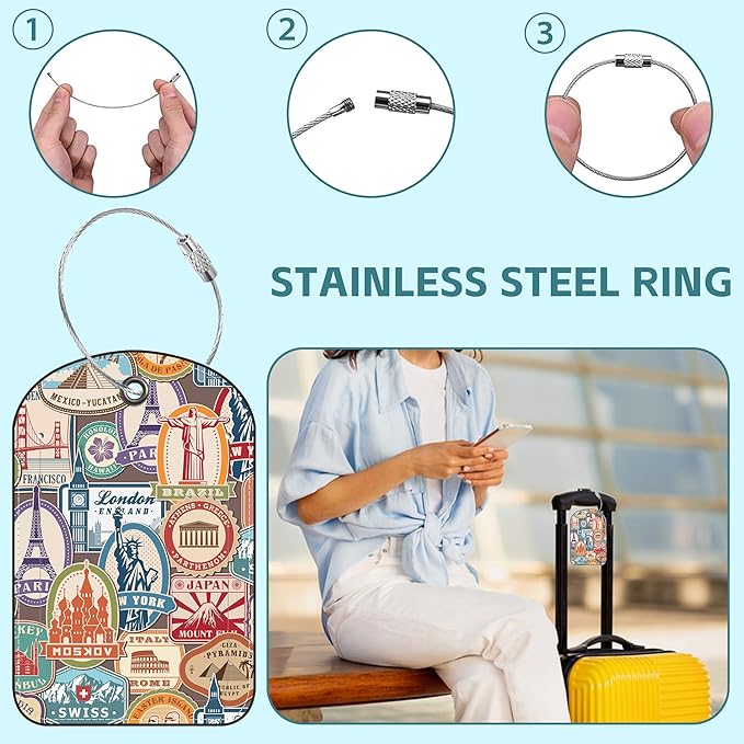 Travel Stamp Luggage Tag for Suitcase Set of 2 PU Leather Cute Luggage Tags with Stainless Metal Loop ID Label Privacy Flap Suitcase Tags for Women and Men Travel