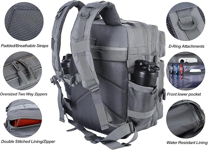 LHI Military Tactical Backpack for Men and Women 45L Army 3 Days Assault Pack Bag Large Rucksack with Molle System - Grey